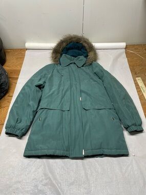 Women’s Teal Hooded Puffer Coat with Faux-Fur Trim